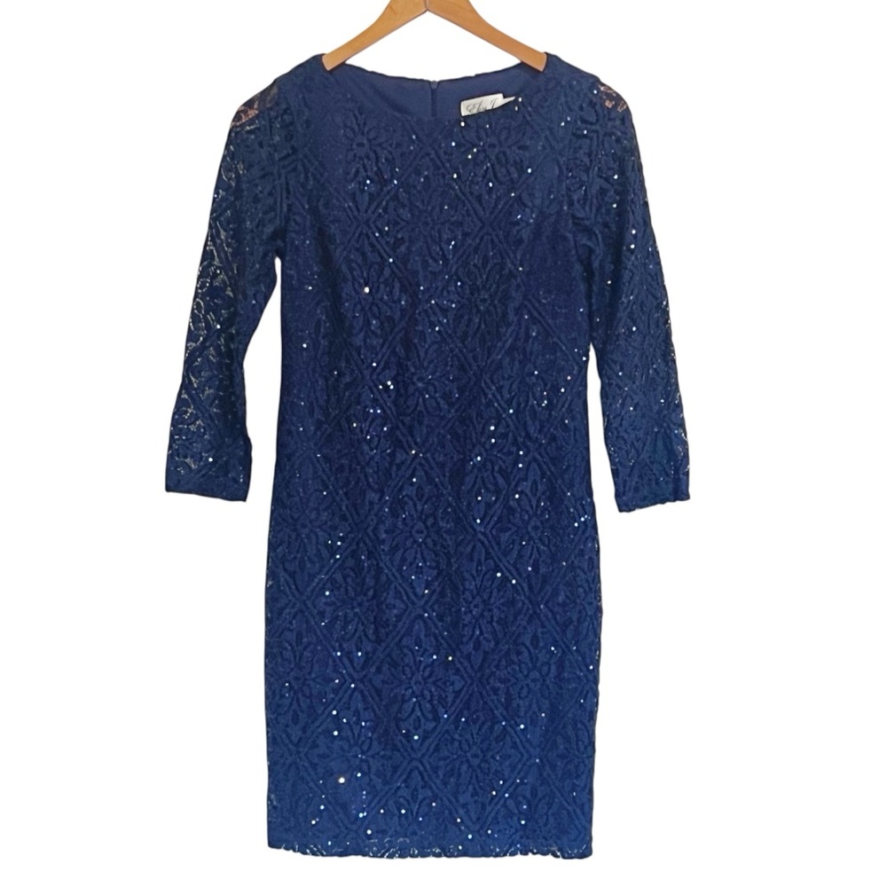 EUC Eliza J Navy Lace Sequin Knit Sheath Dress